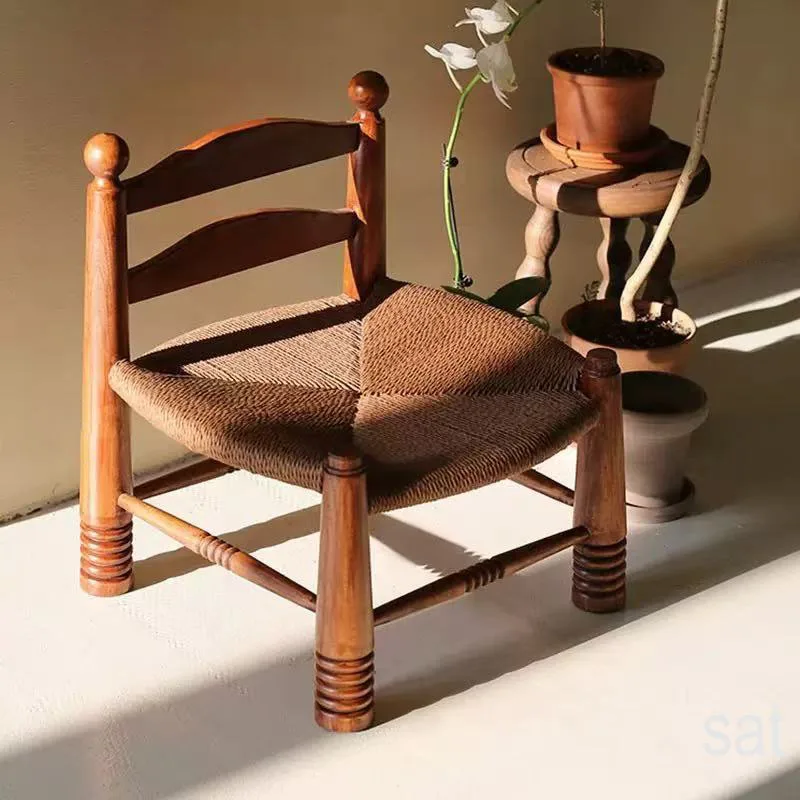 Handmade Woven Stool Vintage Entrance Low Stools Solid Wood Children Chair Living Room Decoration Elegant Small Armchair