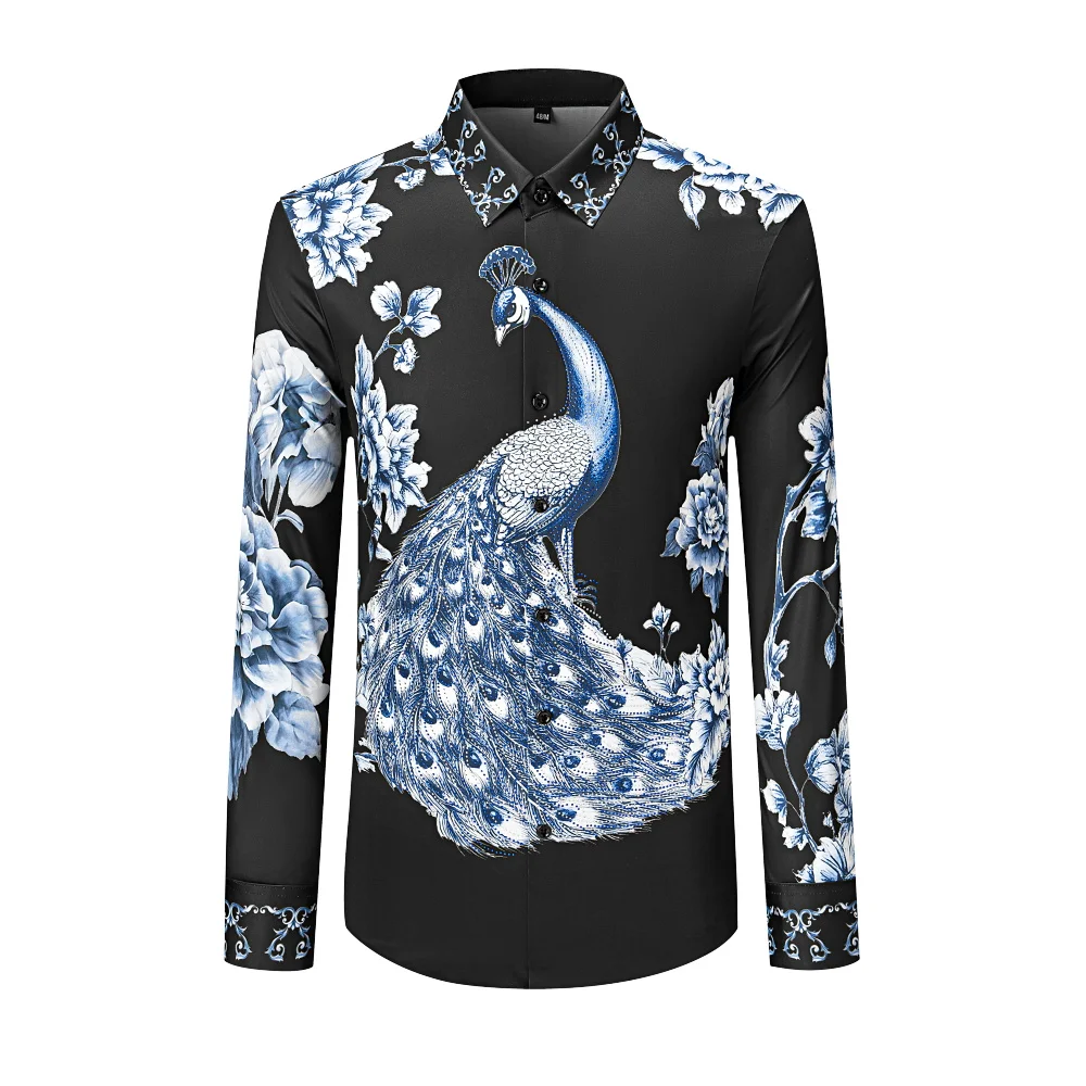 Luxury Peacock Print Long Sleeved Shirt for Men Rhinestone Decorated Casual Business Shirts Social Streetwear Men Clothing M-5XL