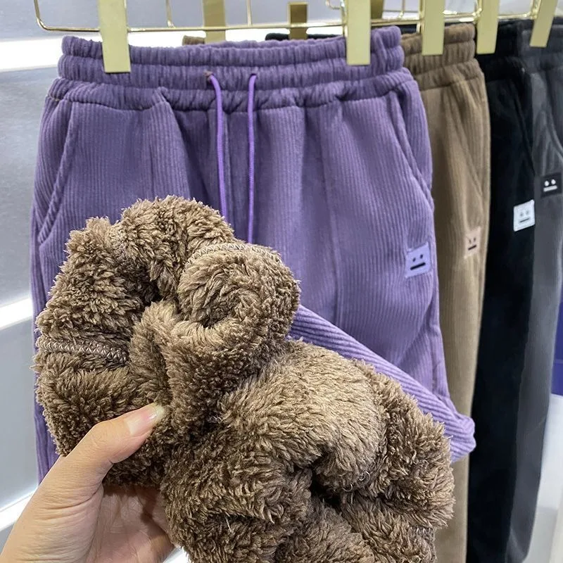 Thicken Lamb Wool Fleece Winter Pants Badge Embroidery Fashion Sweatpants Loose Joggers Women Y2K Casual Streetwear Khaki Purple