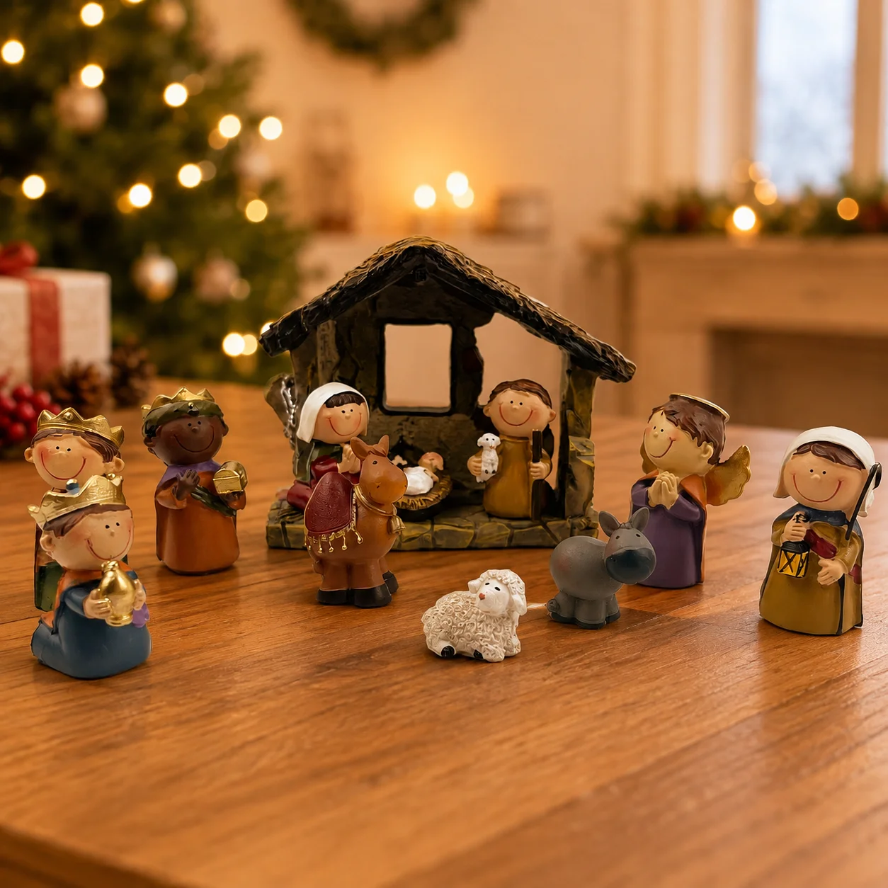 Resin Nativity Scene Figurine Set with Stable Holy Family Wise Men Angel and Animals Christmas Tabletop Home Decoration Gift