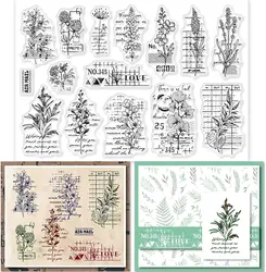Vintage Flower Text Clear Stamps for Crafts Spring Natural Plants Theme with Geometric Elements Silicone Transparent Stamps