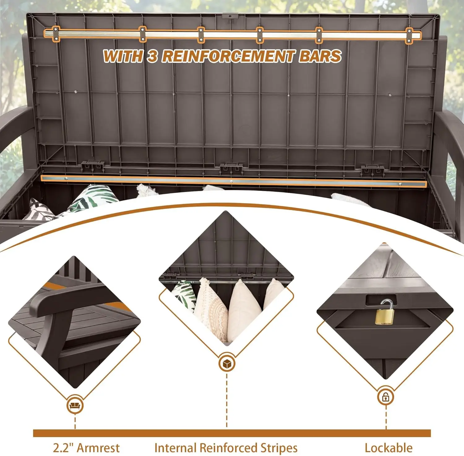 Banco de almacenamiento de 80 galones, caja de cubierta con cerradura para muebles de jardín, decoración de jardín y asientos exteriores para cojines de jardín