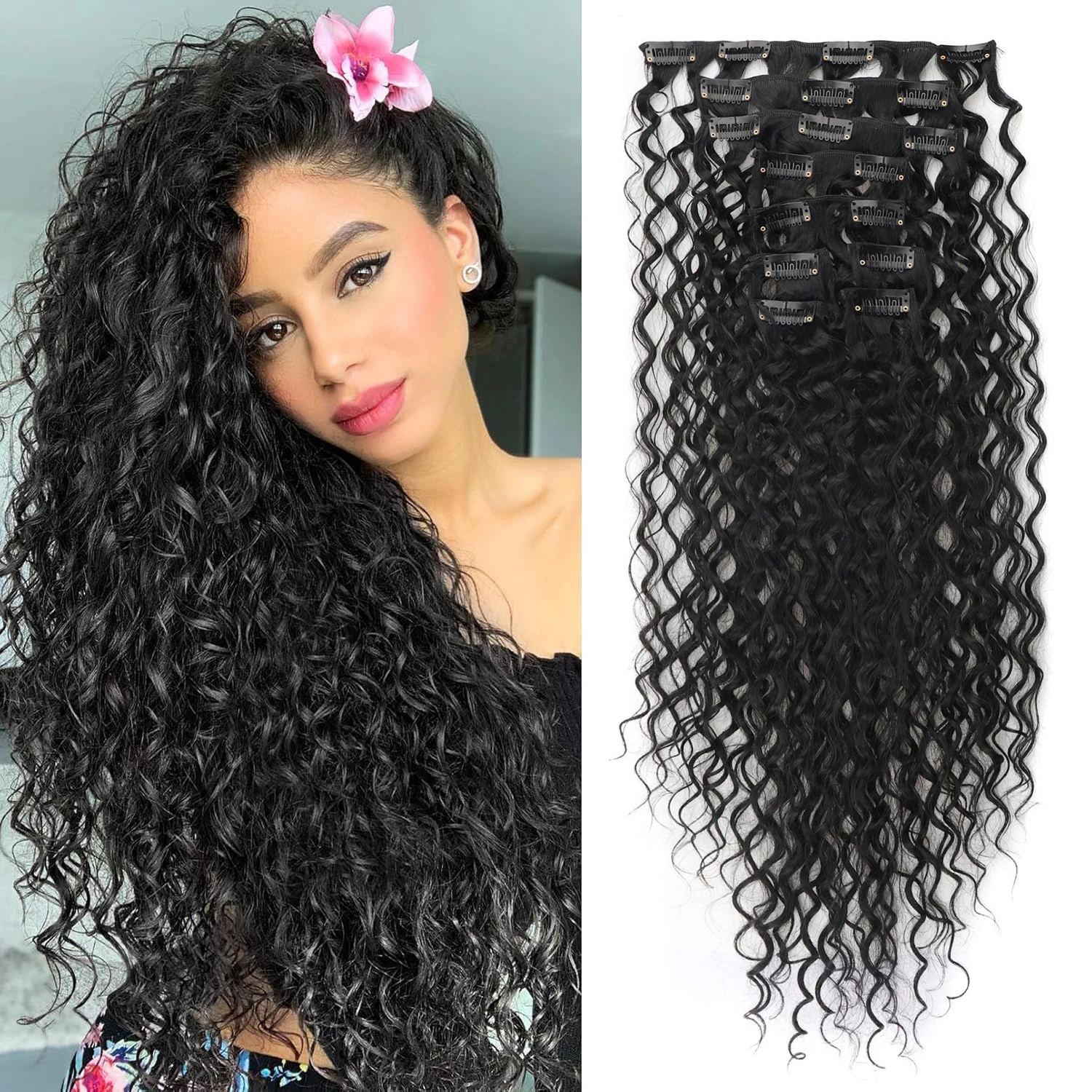 9PCS Clip in Hair Extensions 20 Inch Curly Double Weft Clip Hair Extension Kinky Curly Long Soft Synthetic Hairpieces for Women