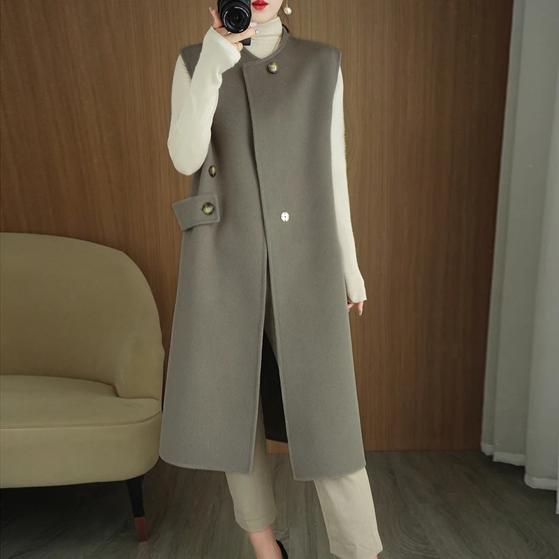 2023 Autumn Winter New High End Double Sided Cashmere Coat Women's Mid Length Sleeveless Loose Over Knee Korean Wool Windbreaker