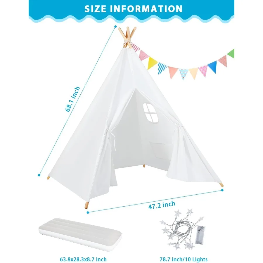 Paquete de 4 tiendas tipi para niños, tienda de juegos con luces de estrellas, banderas coloridas y colchón de aire inflable, casa de juegos plegable para niños pequeños, saco de dormir
