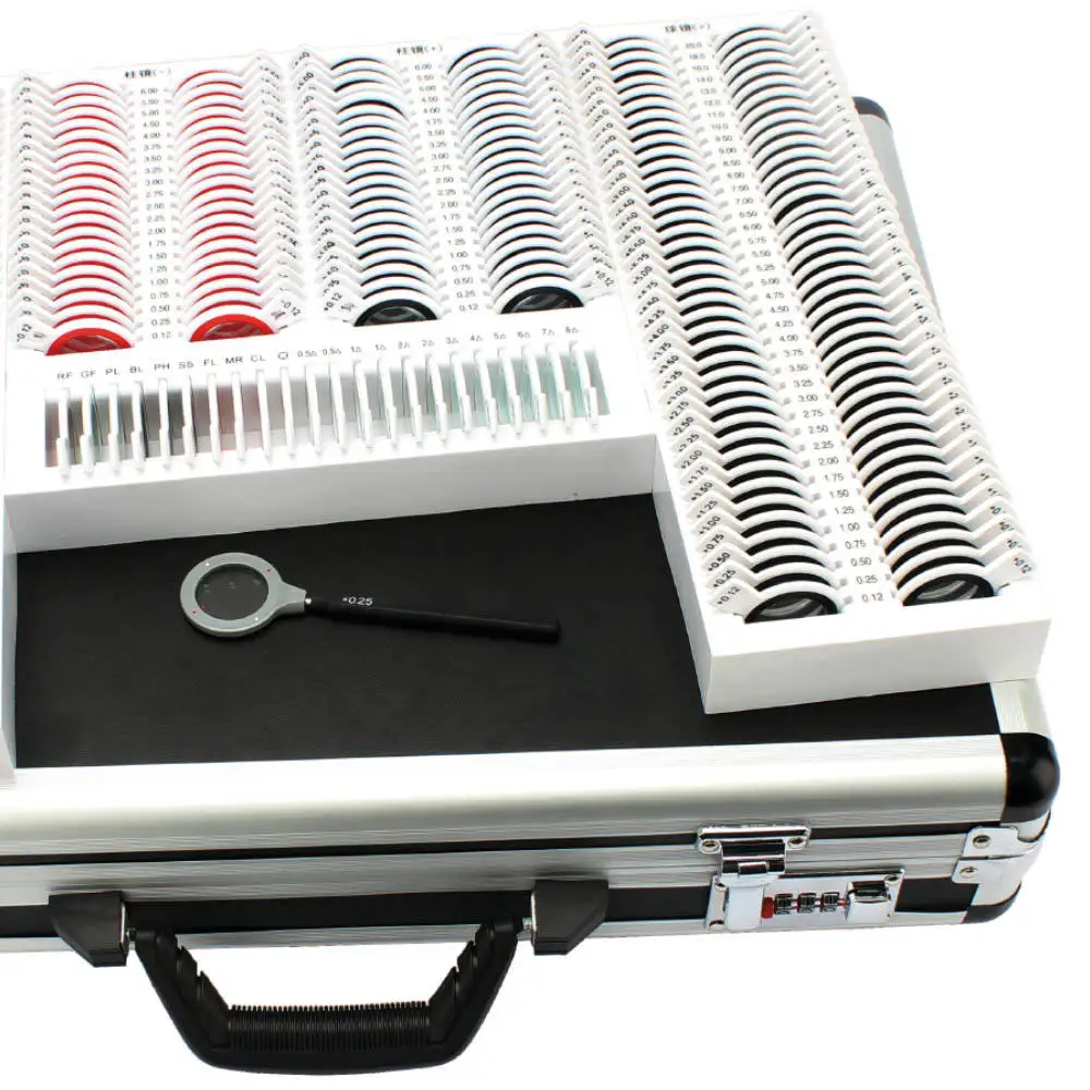 

Optics Instruments Measuring Optical Trial Lens Set 266 Optical Trial Lens Optometry Box with Aluminum Case Bright Metal Riim