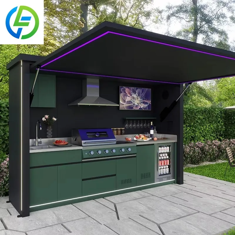 New Arrivals Customized Waterproof Stainless Steel 304 Outdoor Kitchen BBQ Grill with Shed Remote Control & Flame Safety Device