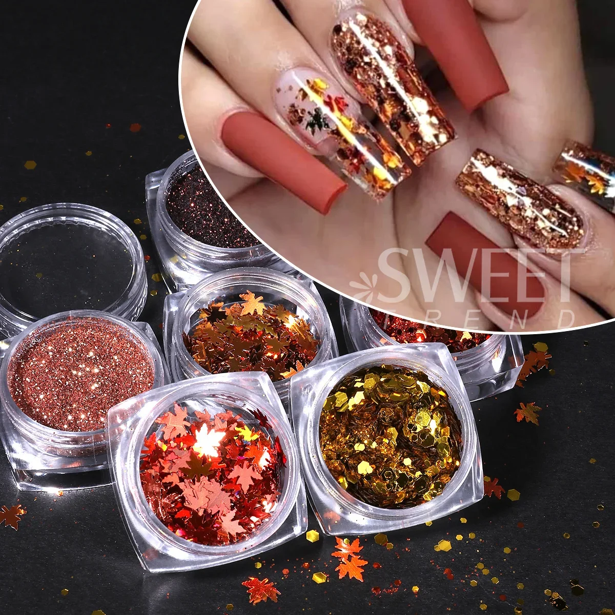 6pcs Maple Leaf Nail Sequins Mixed Hexagon Diamond Powder Design Autumn Winter Style Mirror Paillettes Manicure Slices Spangles