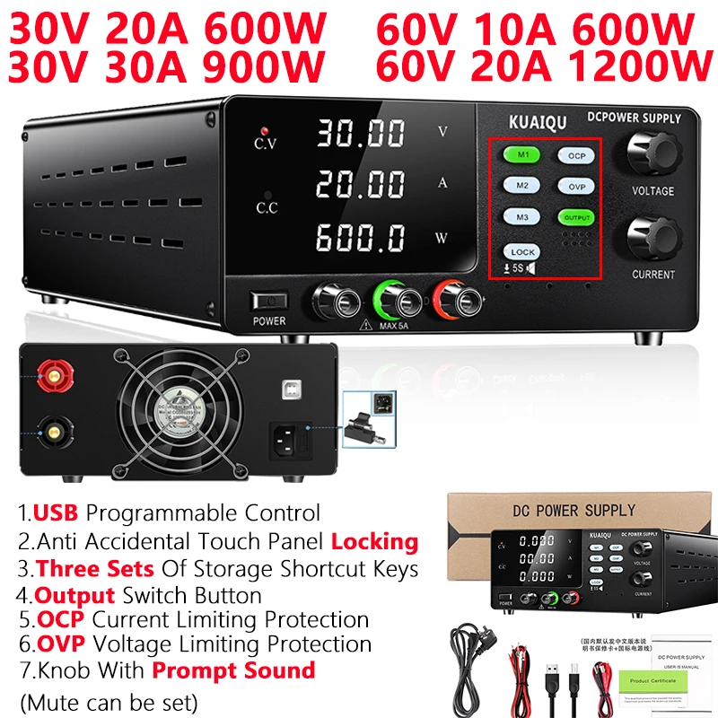 

High Power 600W 900W Laboratory DC Power Supply USB Port 30V 20A 30A Adjustable Bench Programmable Power Supply 60V 10A 20A OCP