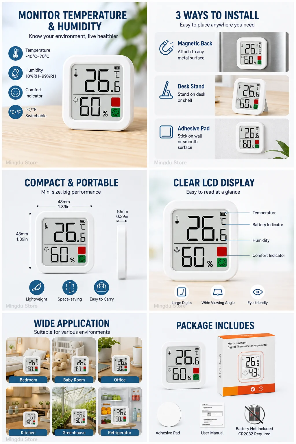 Mini-Digitalthermometer-Hygrometer, Innentemperatur- und Feuchtigkeitsmonitor mit magnetischem Rückständer ° C/ ° F für Babyzimmer Zuhause – Detail 6