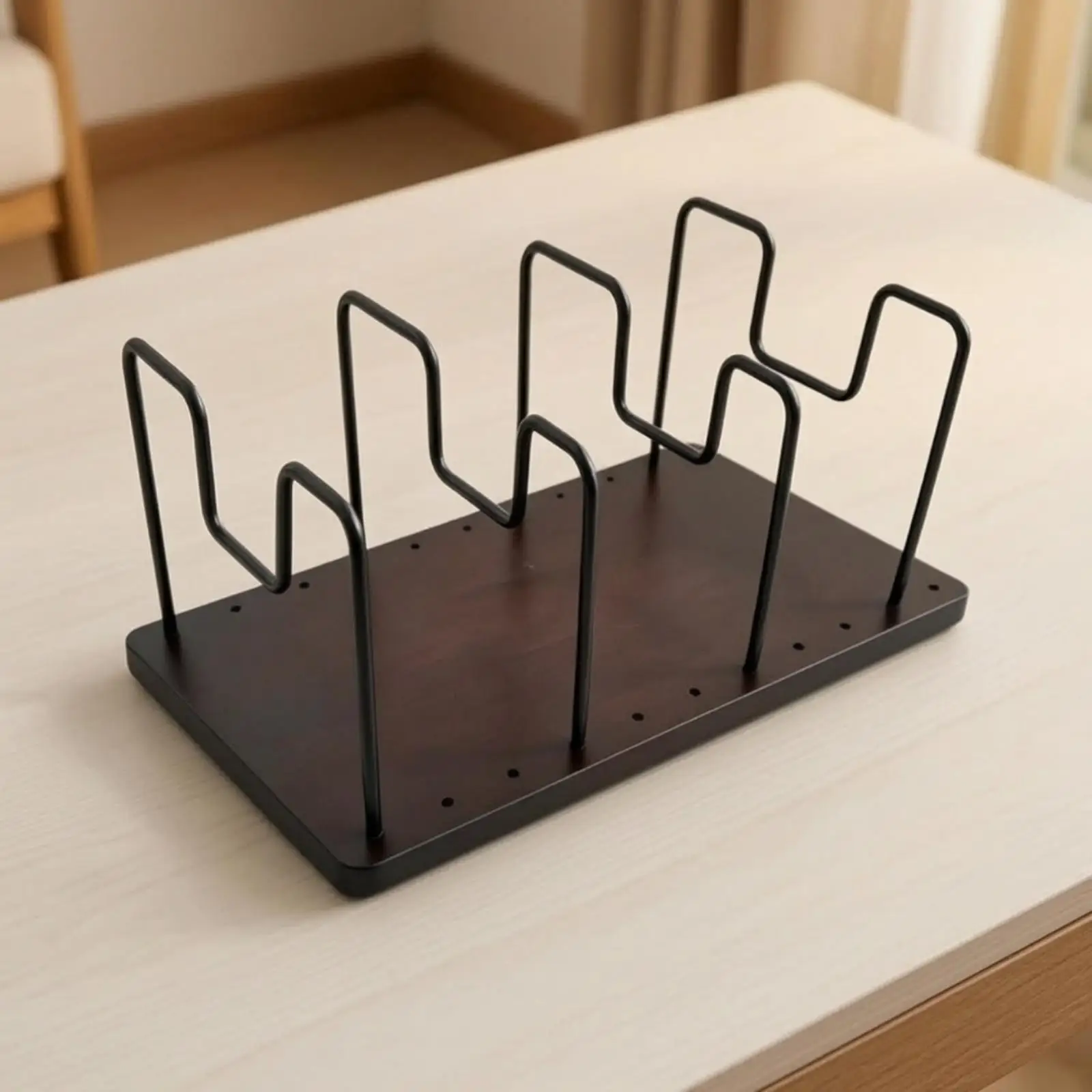 Wooden Base Desktop Storage Rack with Metal Dividers Open Divider Desktop Book and Magazine Organizer Space-Saving Vinyl Record