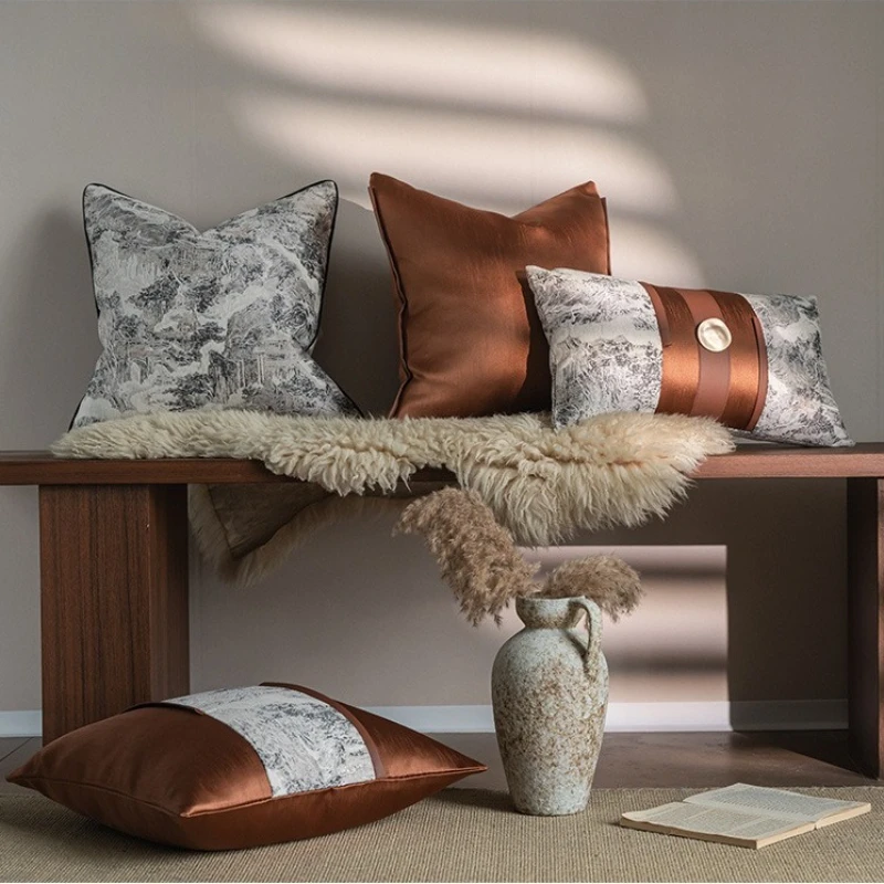 Modern High-End Luxury Cushion Cover Chinese Retro Jacquard Pillow Covers Brown Gray High-Precision Pillowcase Villa Home Decor
