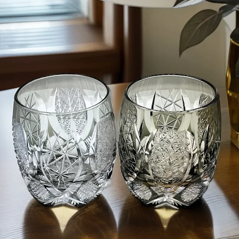 Japanese style, crystal glass whiskey cup, Yuanyueluo cup traditional hand-carved