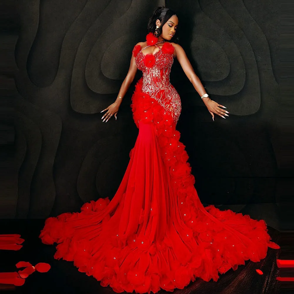 

Красные рождественские платья русалки для выпускного вечера с цветами ручной работы и бусинами, длинные аппликации, вечернее платье больших размеров, платья de fiesta