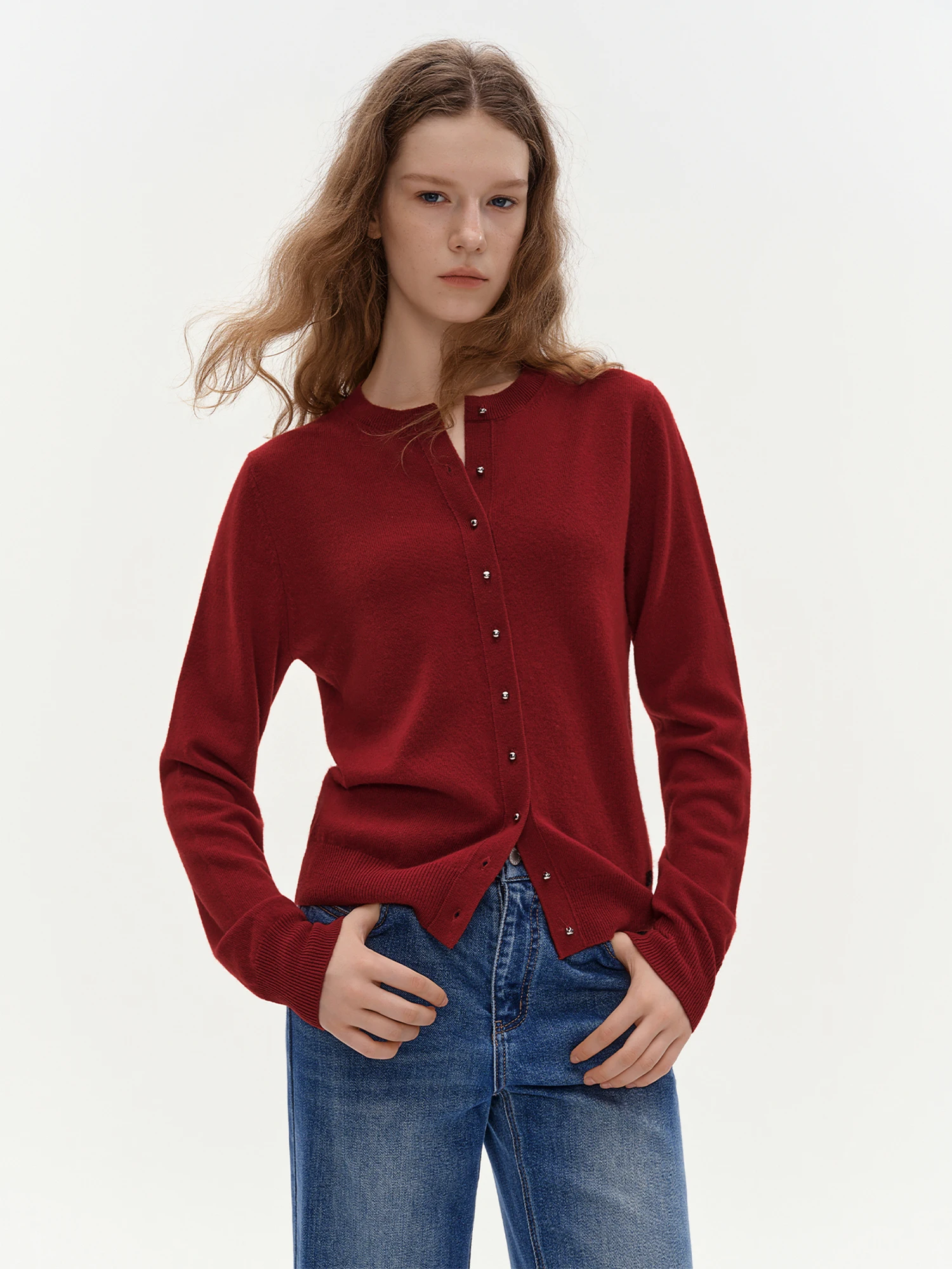DUSHU Damen Strick-Cardigan aus Wollmischung in Unifarben, 5 Farben, Rundhalsausschnitt, Winter 2026 Neuerscheinung, Vielseitiges Lässiges Strick-Oberteil Pullover – Detail 5