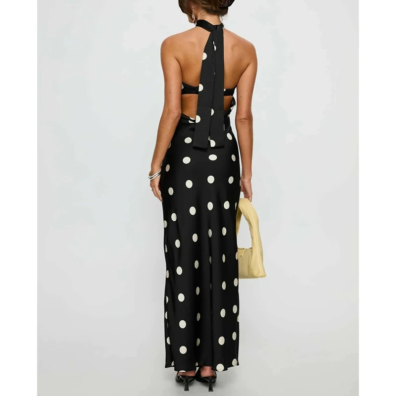 Abito lungo da donna elegante senza spalline con ritaglio senza schienale Y2k Abito a trapezio da festa slim con stampa a pois vintage con sciarpa