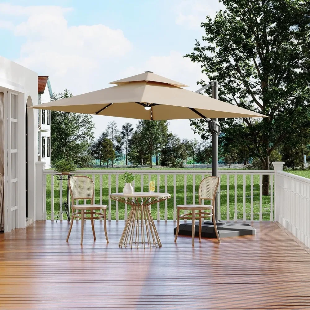 

Консольный зонт для патио длиной 10 футов с основанием в комплекте, прямоугольный зонт для патио с двойным верхом и вращением на 360 градусов, со солнечными фонарями и