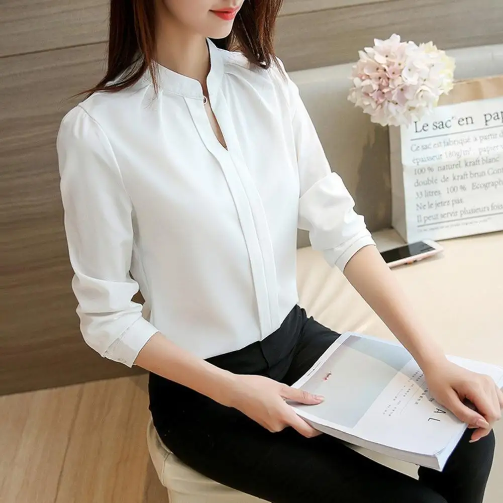 Camicetta da donna Slim Fit con scollo a v camicia da donna elegante colletto alla coreana manica lunga tinta unita per abbigliamento da lavoro pendolarismo tinta unita