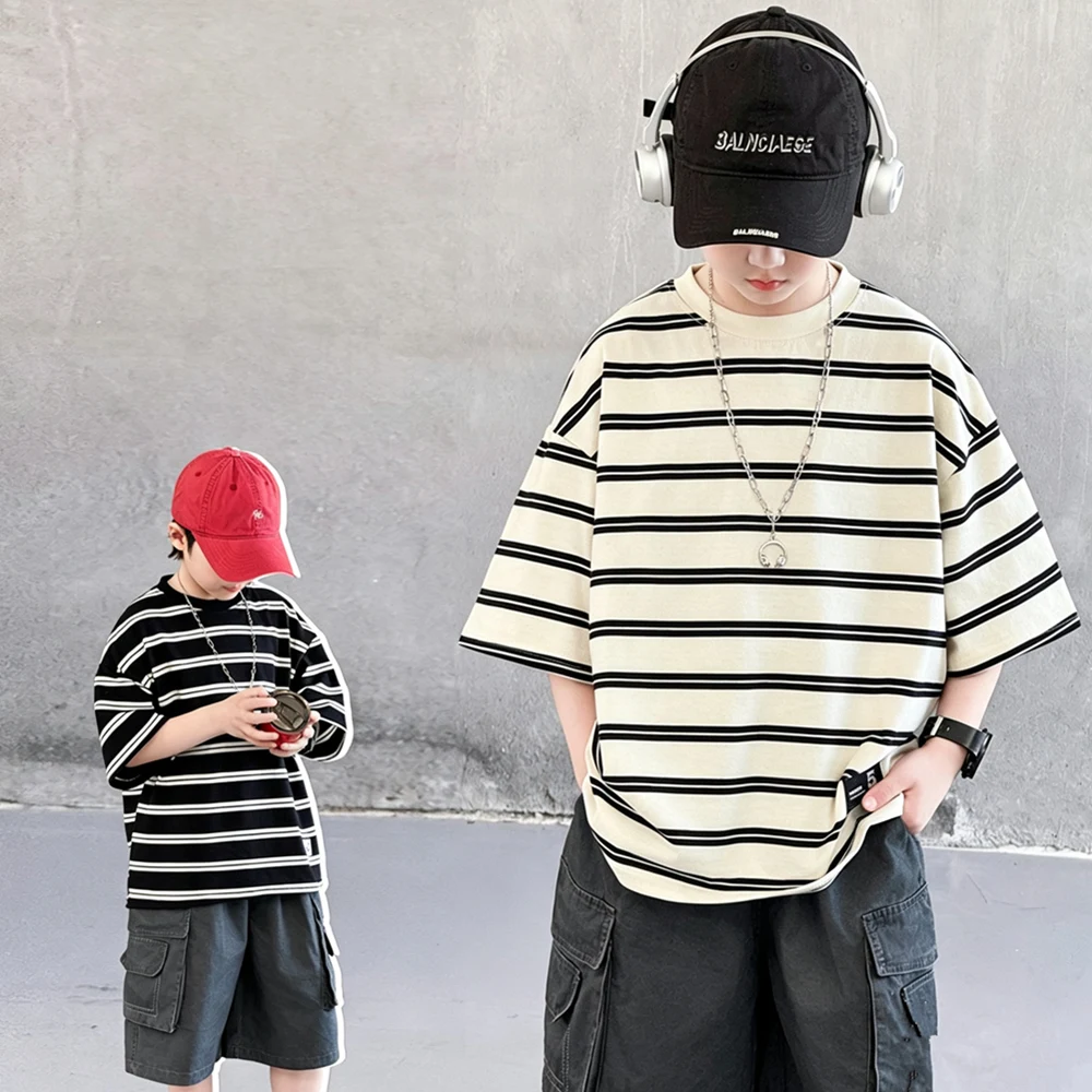 2026 New Summer Teen Boy Short Sleeve Striped T-Shirt Outfits Tops Kids Children Cotton Tshirt Tee Tops Age 5 6 7 8 9 11 13 14 Y
