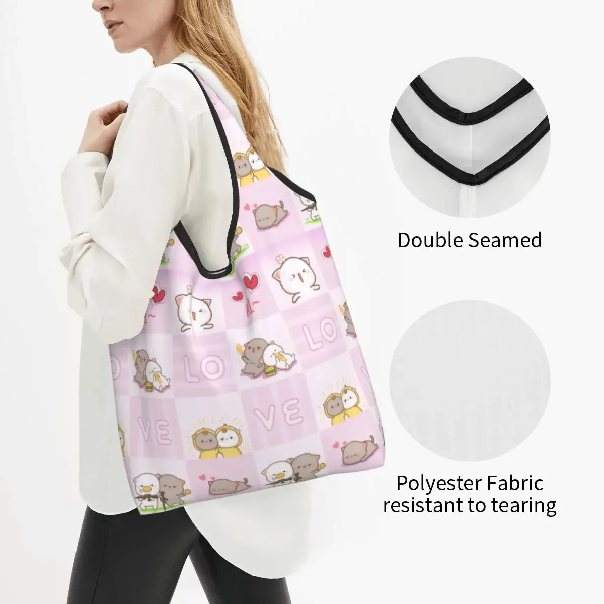 Custom Reusable Peach And Goma Shopping Bag Women Tote  Portable Cartoon Mochi Cat Grocery Shopper s