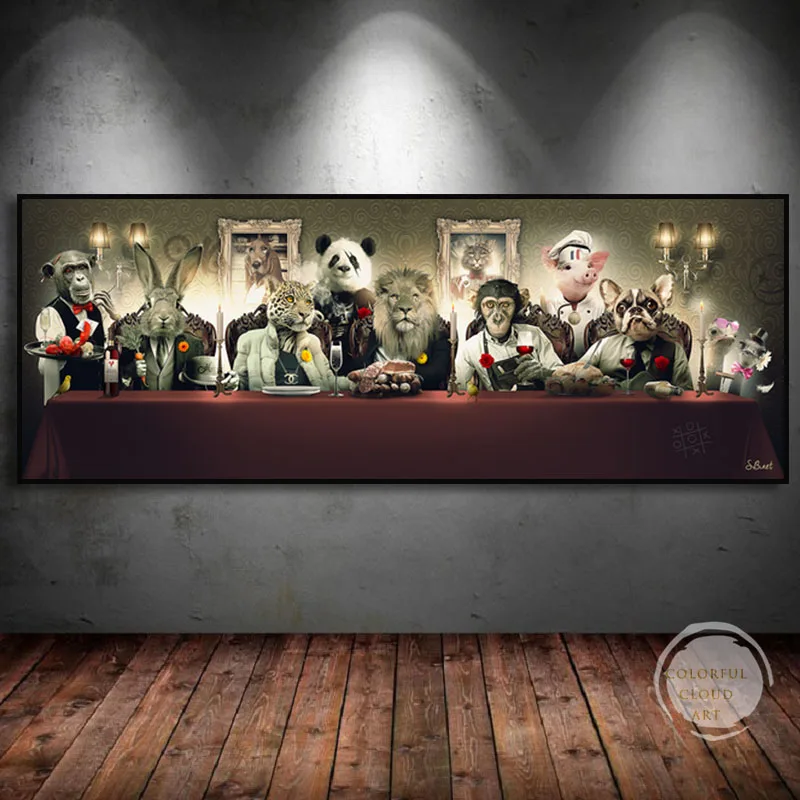 Lustige 'Das Letzte Abendmahl' Kunst mit Gorilla, Leopard, Löwe, Französische Bulldogge Poster Tier-Leinwandbilder Wandkunst für Wohnzimmer und Zuhause