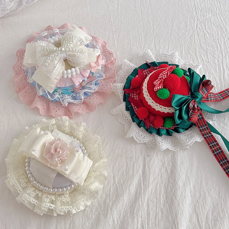 

Handmade Christmas Red and Green Small Accessories Top Hat, Sweet Cute Bear Ear Lolita Birthday Hat Female