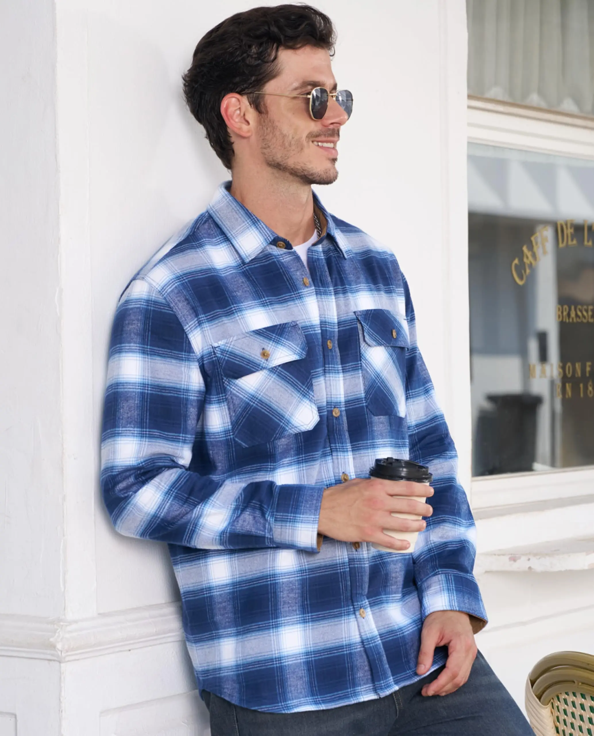 MAGCOMSEN Men's Cotton Flannel Shacket Plaid Shirt Long Sleeve Corduroy Collar 2 Chest Pockets Casual Work Overshirt Outdoor