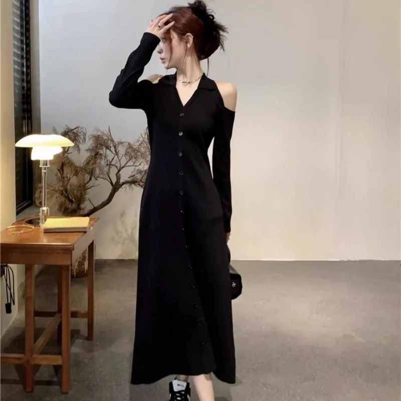 Women Lapel Cold Shoulder Knit Midi Dress Long Sleeve Button Front Slim Fit Casual Dress