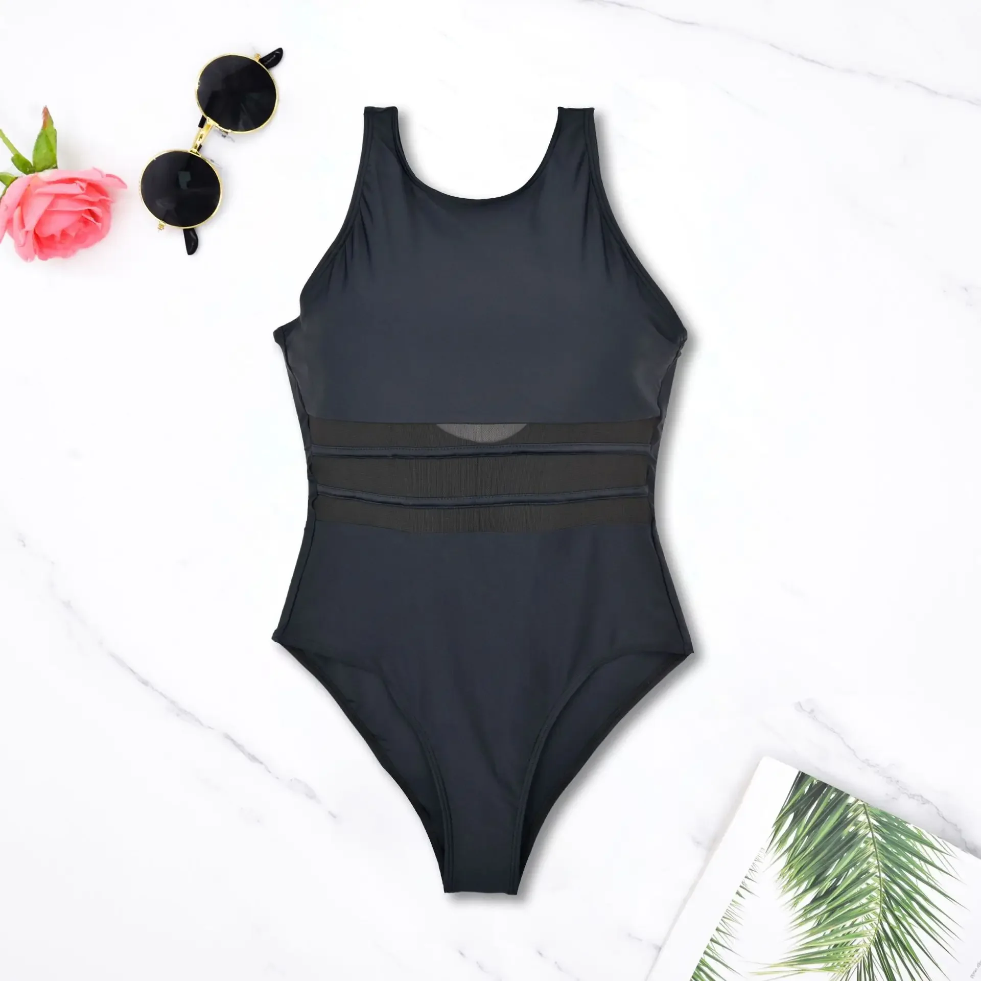 

2025 New Black Swimsuit Women Mesh one Piece Swimwear Push Up Padded Swimwear Training Athletic Swimwear Bikini Thong
