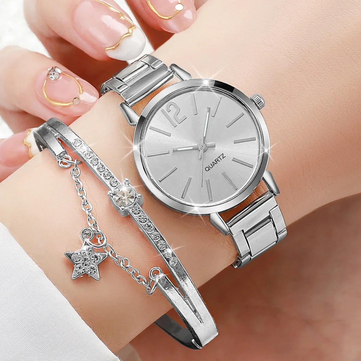 2-piece/set fashionable women's watch with simple dial and steel strap, women's simulated quartz watch strap set (no box)