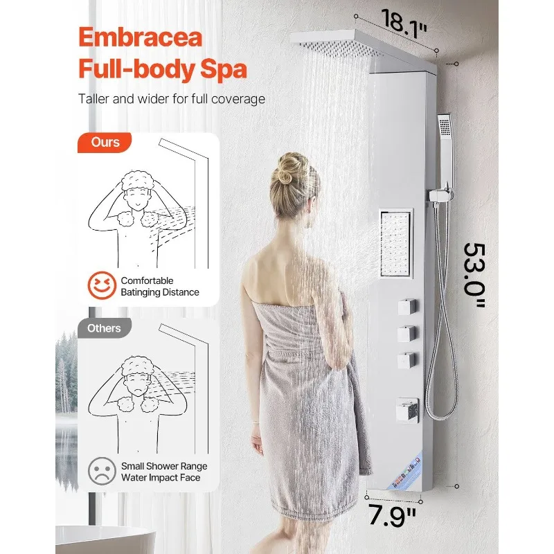 

Shower Panel Tower System Stainless Steel Column Rainfall Head Massage Jet 3Mode