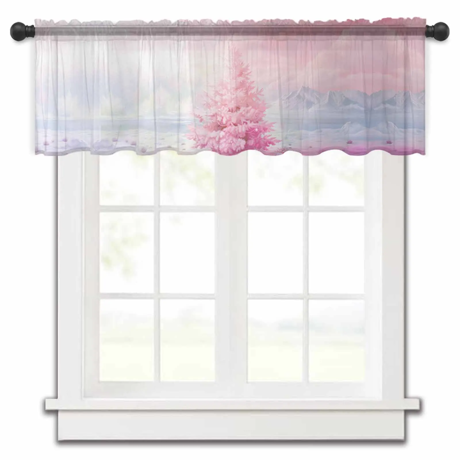 Christmas Pink Oil Painting Christmas Tree Retro Kitchen Small Window Curtain Tulle Sheer Short Curtain Living Room Voile Drapes