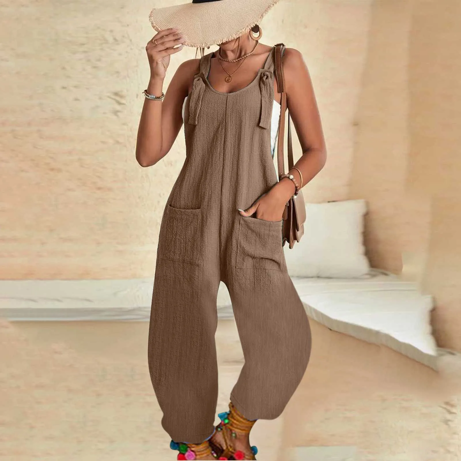 

Women Casual U Neck Sleeveless Jumpsuits Spaghetti Strap Baggy Overalls Harem Pants With Pocket Cotton Linen Women Jumpsuit