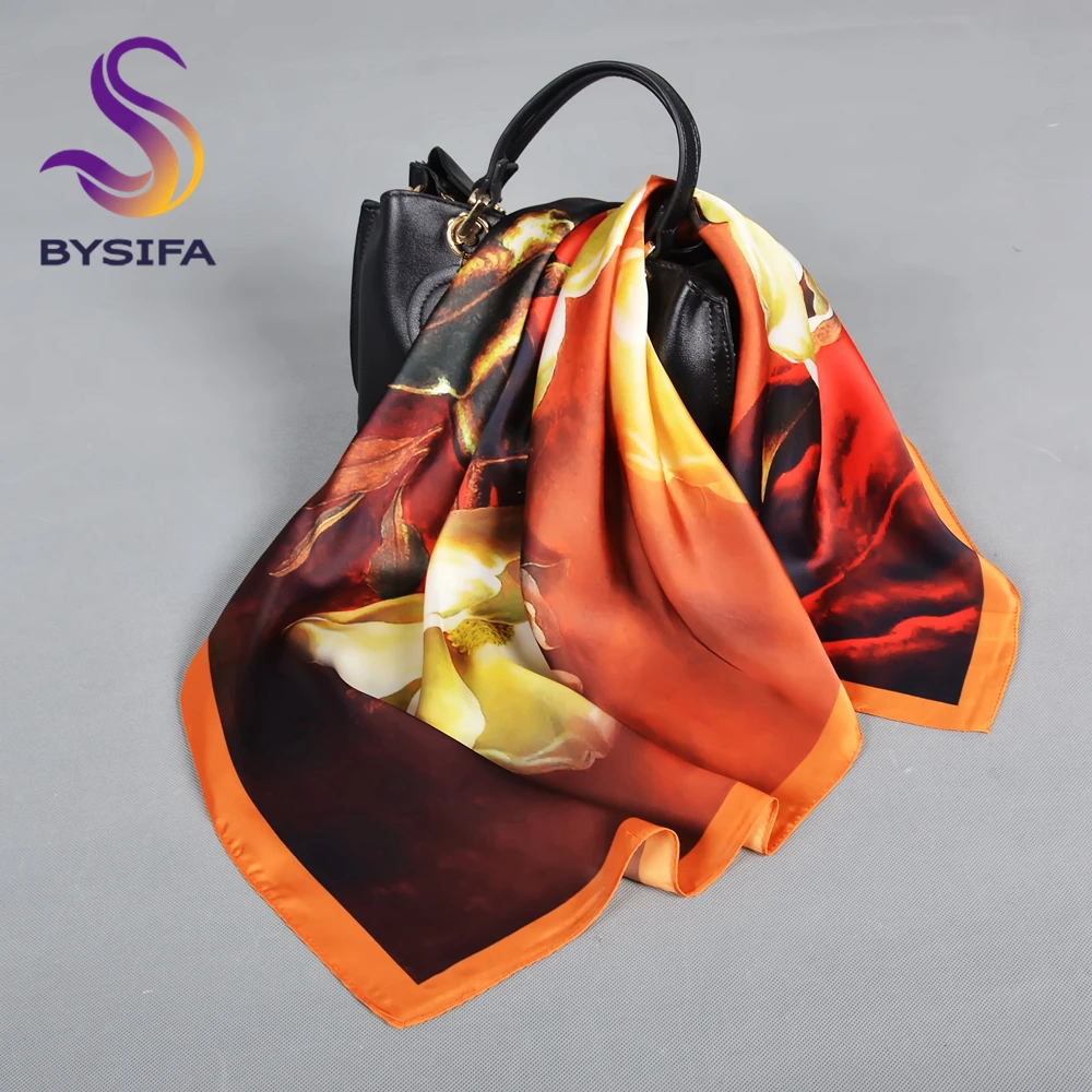 BYSIFA New Orange Coffee Silk Scarf Hijab Fashion Elegant Floral Square Scarves Foulard Spring Fall Lady Head Scarf Accessories