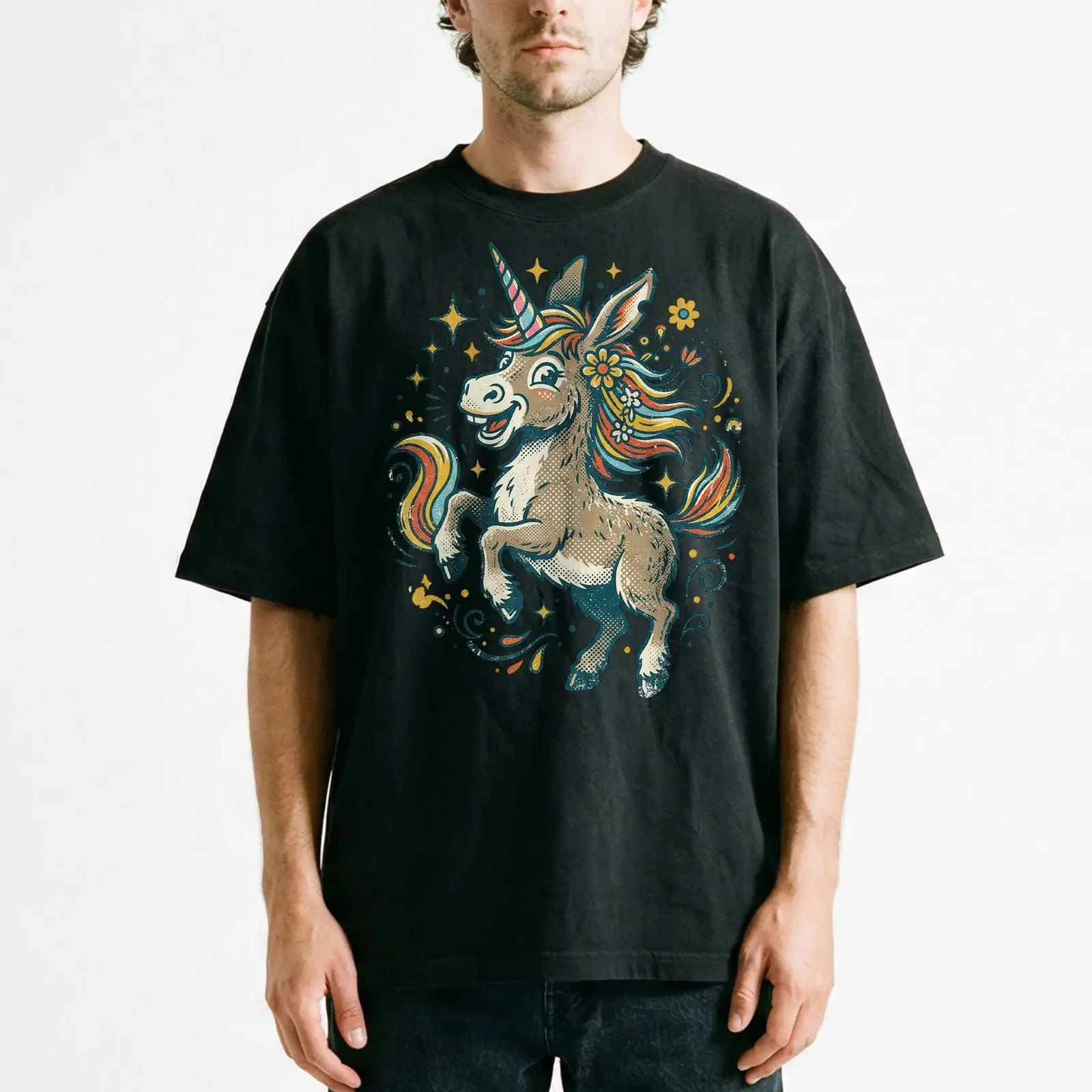 Springender Esel Einhorn Blumen Sterne Skurriles Vintage T-Shirt Magischer Spaß Vintage Gewaschen Unisex Stilvoll Atmungsaktiv
