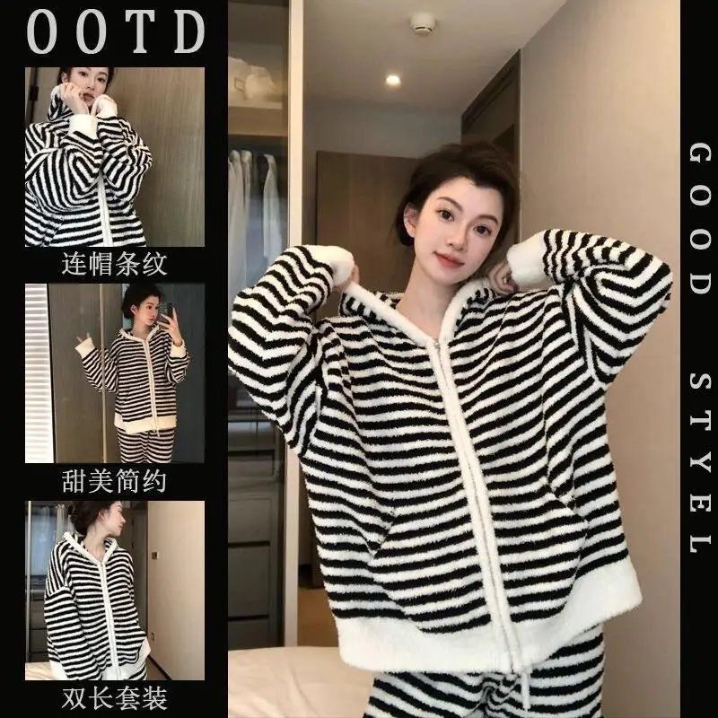 

Sleepwear Loungewear Hooded Pajama Girl's Stand Collar Two-Piece Homewear Fleece-Lined Thickened Sweet Nightgown Autumn Winter