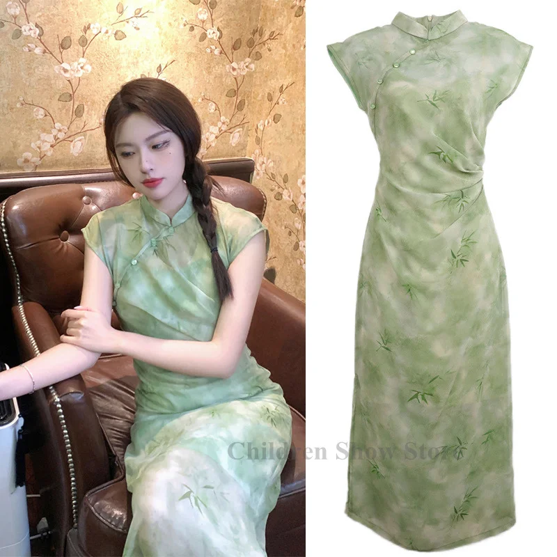 New Chinese Style Dress Set Lady Elegant Cheongsam Bamboo Leaf Print Qipao Summer New Vestidos 2Pcs Dress Suit Bigsize 3Xl