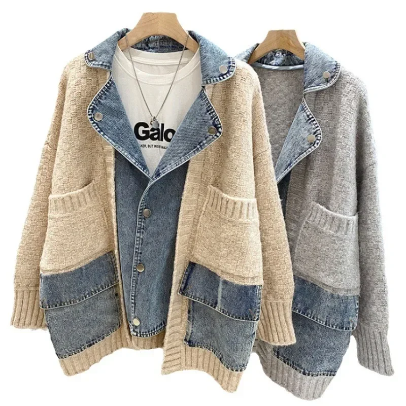 2023 New Autumn Winter Women Splicing Denim Jacket Women Long Sleeve Jean Jackets Female Loose Sweater Cardigan Jacket