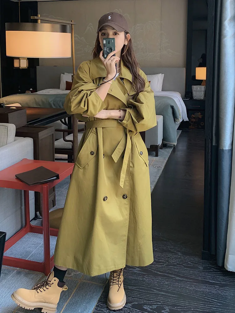 

2024 Korean Style Long Windbreaker Women Double Breasted Belt Gathered Waist Solid Color Coat Spring New