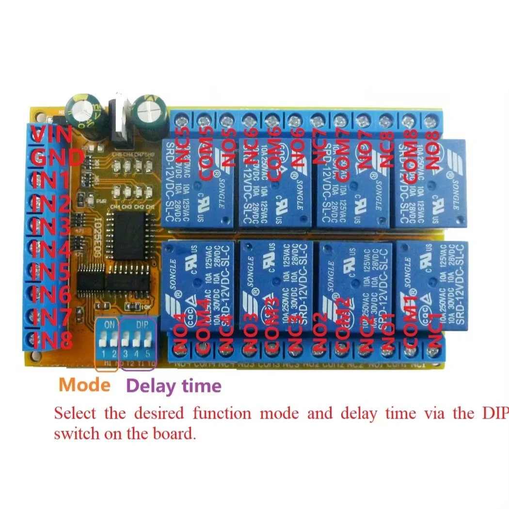 

DC 5V 12V 24V 8 Channels Multifunction Power Conditioner/Sequencer Switch Interlock Latch Self-locking Momentary Relay Module