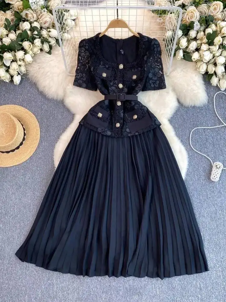 Vestido plisado de gasa con empalme de encaje y bordado Floral elegante para mujer, bata de pasarela con bolsillo y cinturón con botones dorados de manga corta