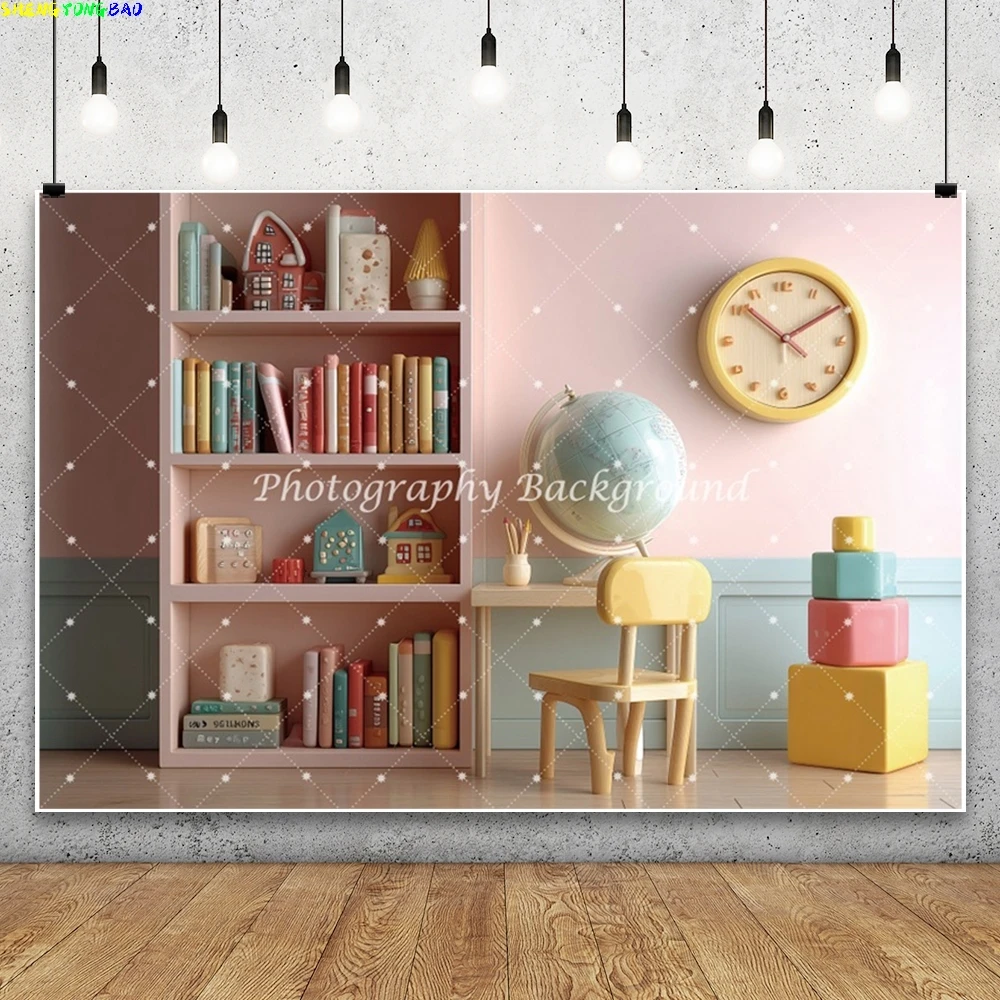 Back To School Photography Background Indoor Children's Study Room Bookshelf Globe Clock Students Birthday Party Photo Backdrop