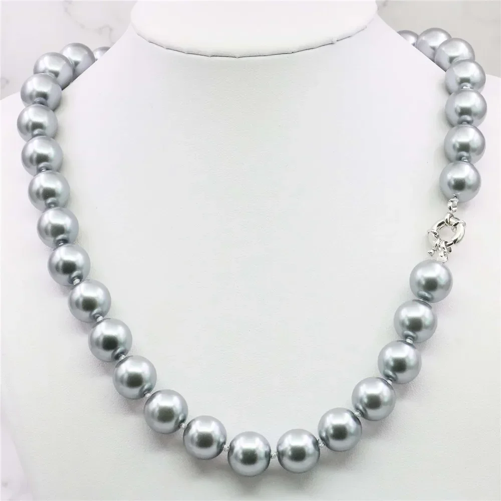 

Hot new fashion style 12MM Elegant Silvers Gray Shell Pearl Necklace beads jewelry natural stone 18''AAA BV235 Wholesale Price