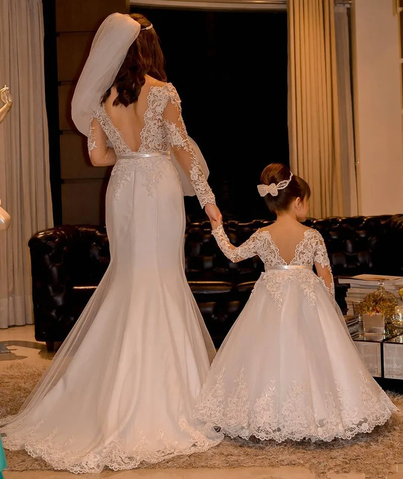 Flower Girl Dresses White Long-sleeved Tulle Lace PrintingWedding Birthday Party Banquet Princess First Communion Gowns