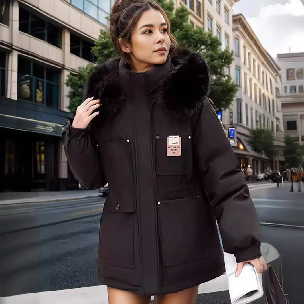 2024 Winter Women\'s Padded Jacket Female Waist Cinching Slimming Hooded Big Fur Collar With Plush Cotton Jacket Women\'s Clothing