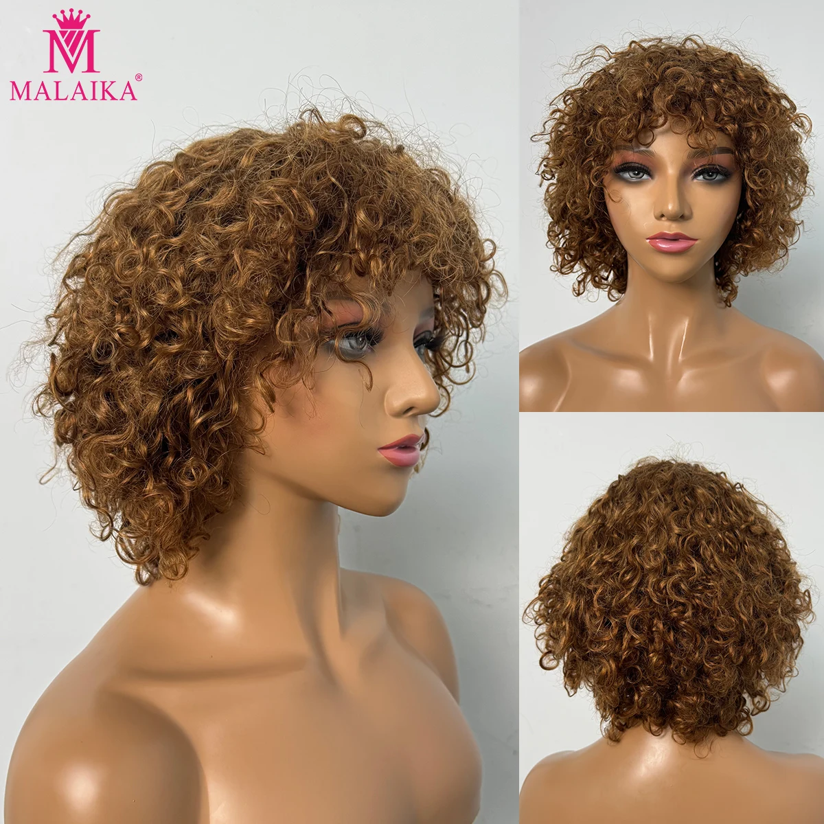 

200% Density Full Machine Made Water Wave Human Hair Wig with Bangs Short Jerry Curly Human Hair Bob Wigs 12 inches for Women