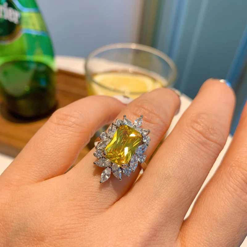 

Micro Paved Square Colorful Paraiba Ring European and American Pink Diamond Golden Yellow Jewelry Vintage Accessories