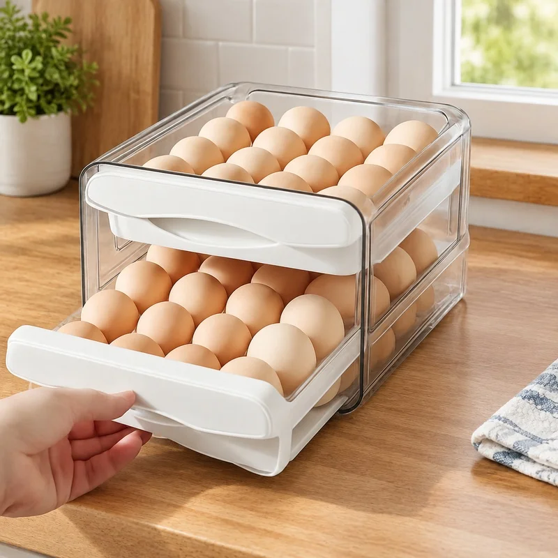 Two-Layer Plastic Egg Organizer for Refrigerator and Kitchen Storage with High Capacity
