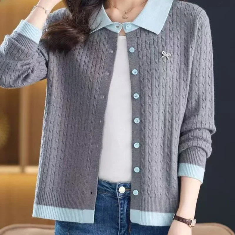 

Long Sleeve Sweater Outerwear Elegant Commute Style Autumn Fashion Women's Loose Knitted Open Cardigan Color Block Design