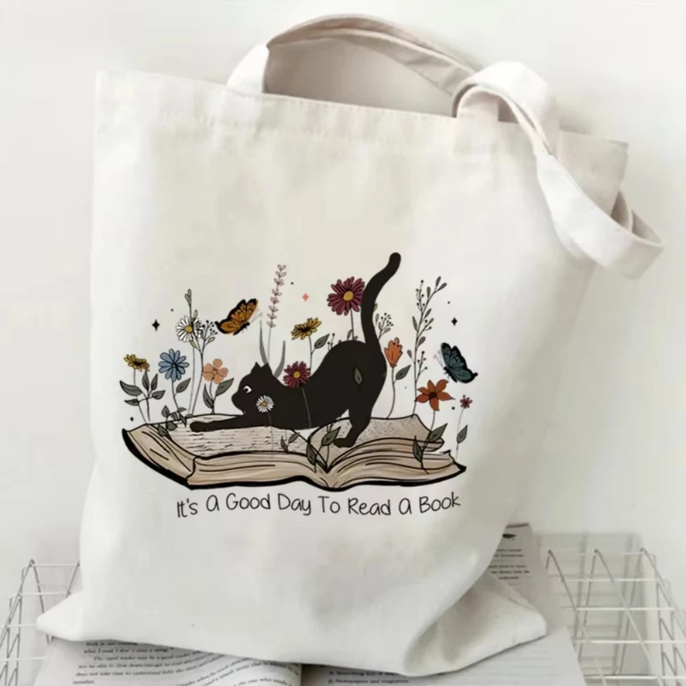 

Adorable Bookish Feline Canvas Bag Bohemian Flower Cat Motif Eco Friendly Tote for Women Daily Use and Travel Gift Idea